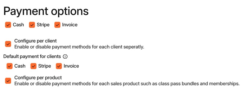 Enable or disable payment options in the Appilates settings